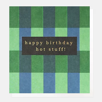 Happy Birthday Hot Stuff Green And Blue Check, Greeting Card
