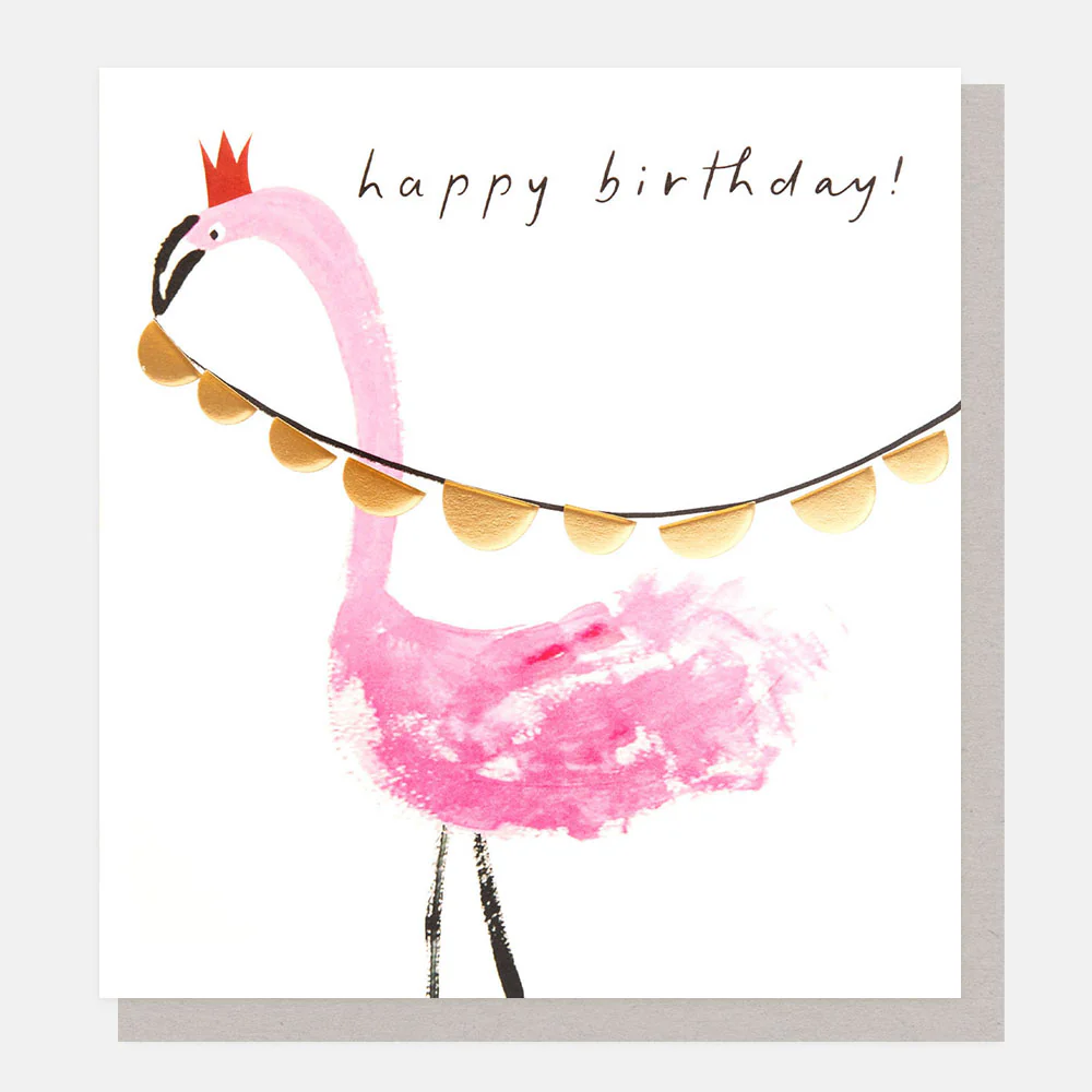 Happy Birthday! Flamingo With Crown And Bunting, Greeting Card