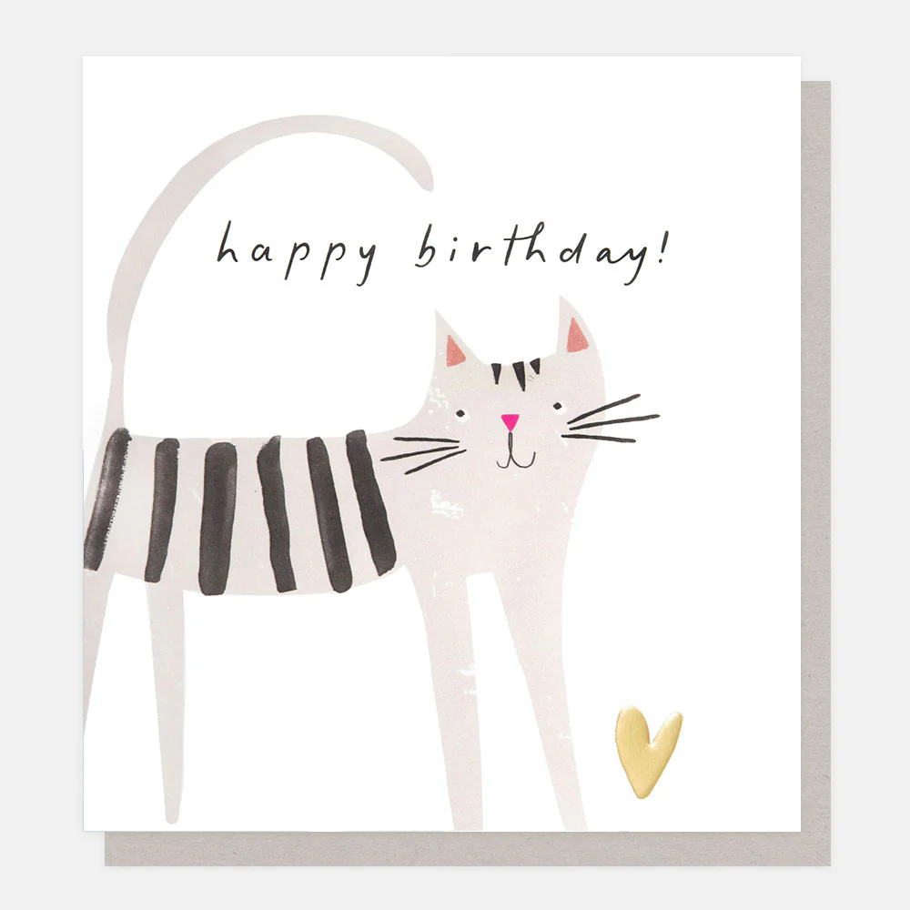 Happy Birthday! Grey Stripey Cat With Heart, Greeting Card