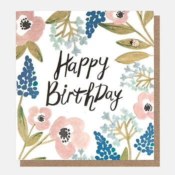 Happy Birthday Pink & Blue Floral With Beetle, Greeting Card