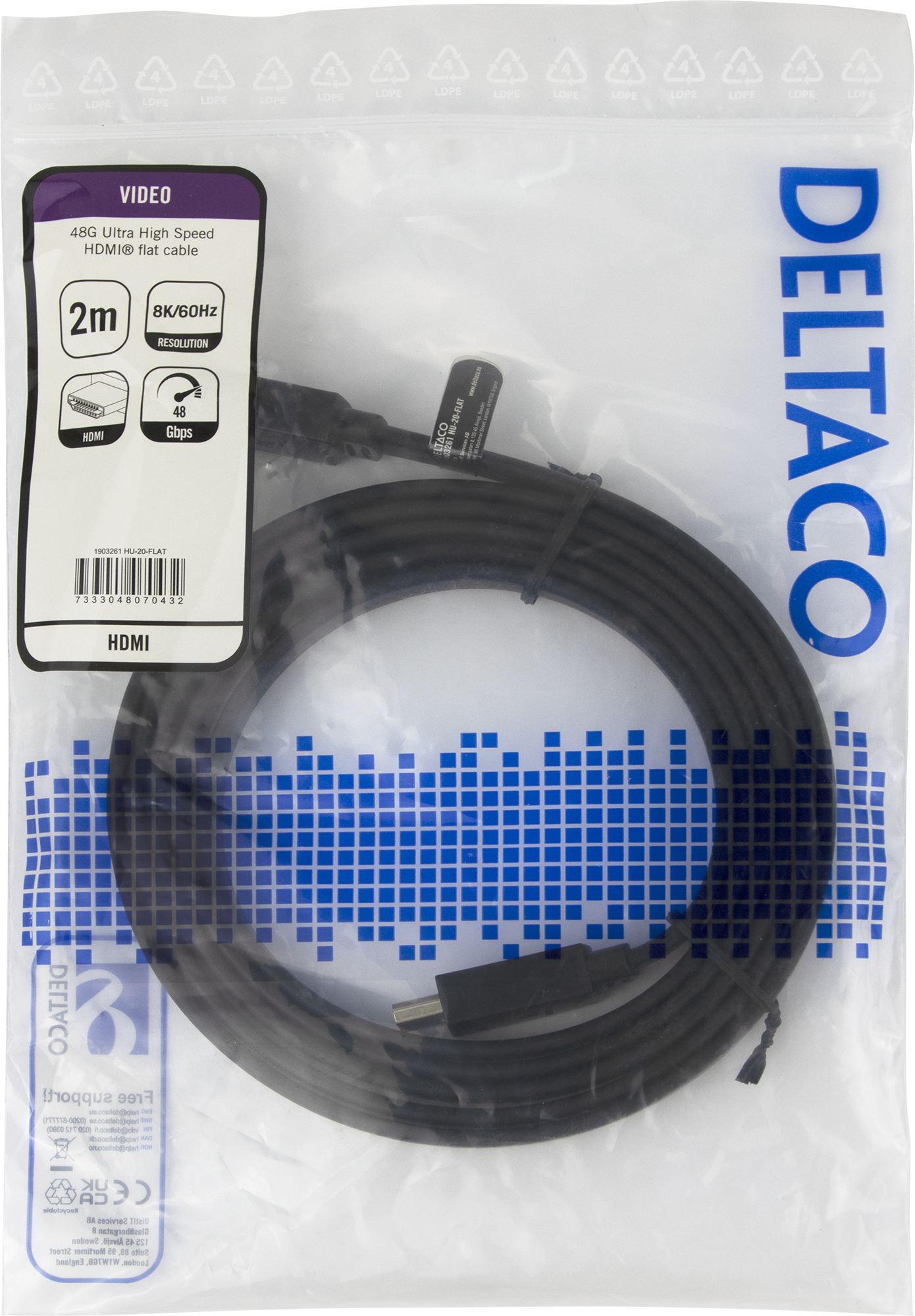 Deltaco Ultra High Speed HDMI-kabel, 8K@60Hz, 2m, svart, platt - 3