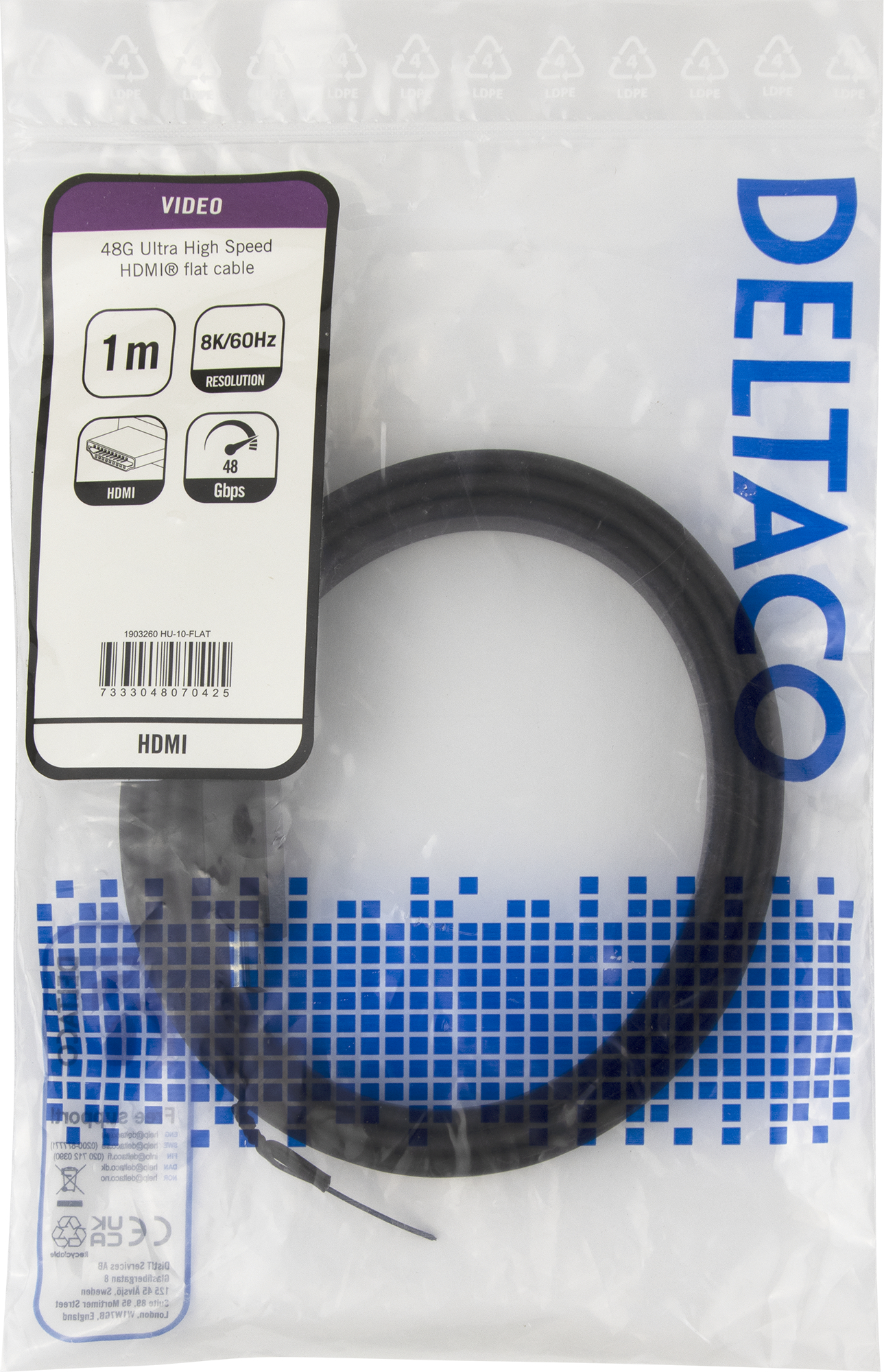 Deltaco Ultra High Speed HDMI-kabel, 8K@60Hz, 1m, svart, platt - 3