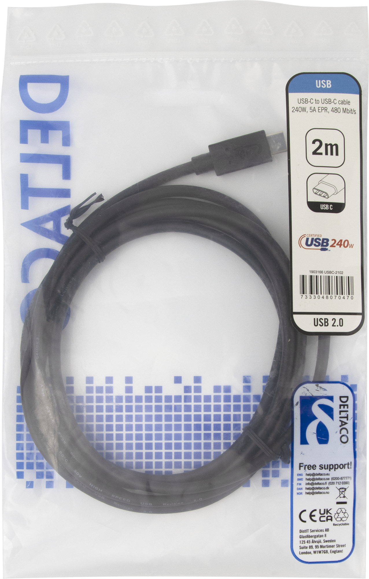 Deltaco USB 2.0-laddningskabel, EPR 240W, 2m, svart - 3
