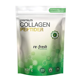 En stående påse med i vitt upptill och grönt nedtill och texten premium collagen peptider