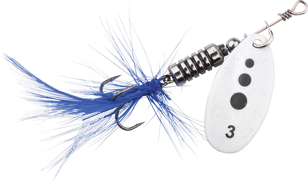 Spinner from spro hook size 3 weight 5g silver with blue feather