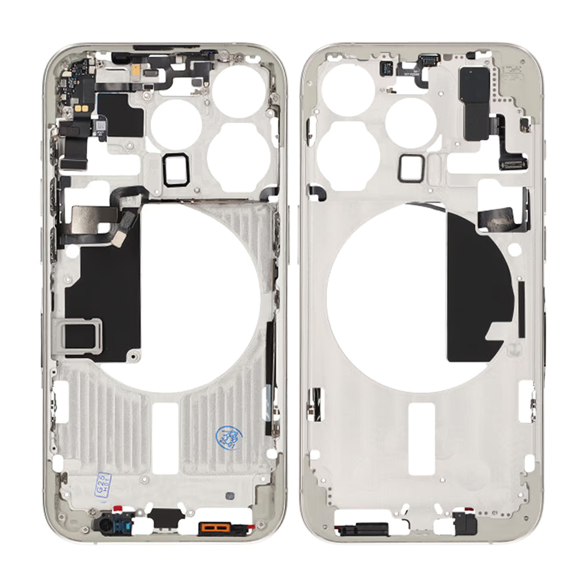 iPhone 15 Pro Mittenram med smådelar samt batteri tejp  - Titanvit