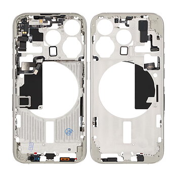 iPhone 15 Pro Mittenram med smådelar samt batteri tejp  - Titanvit