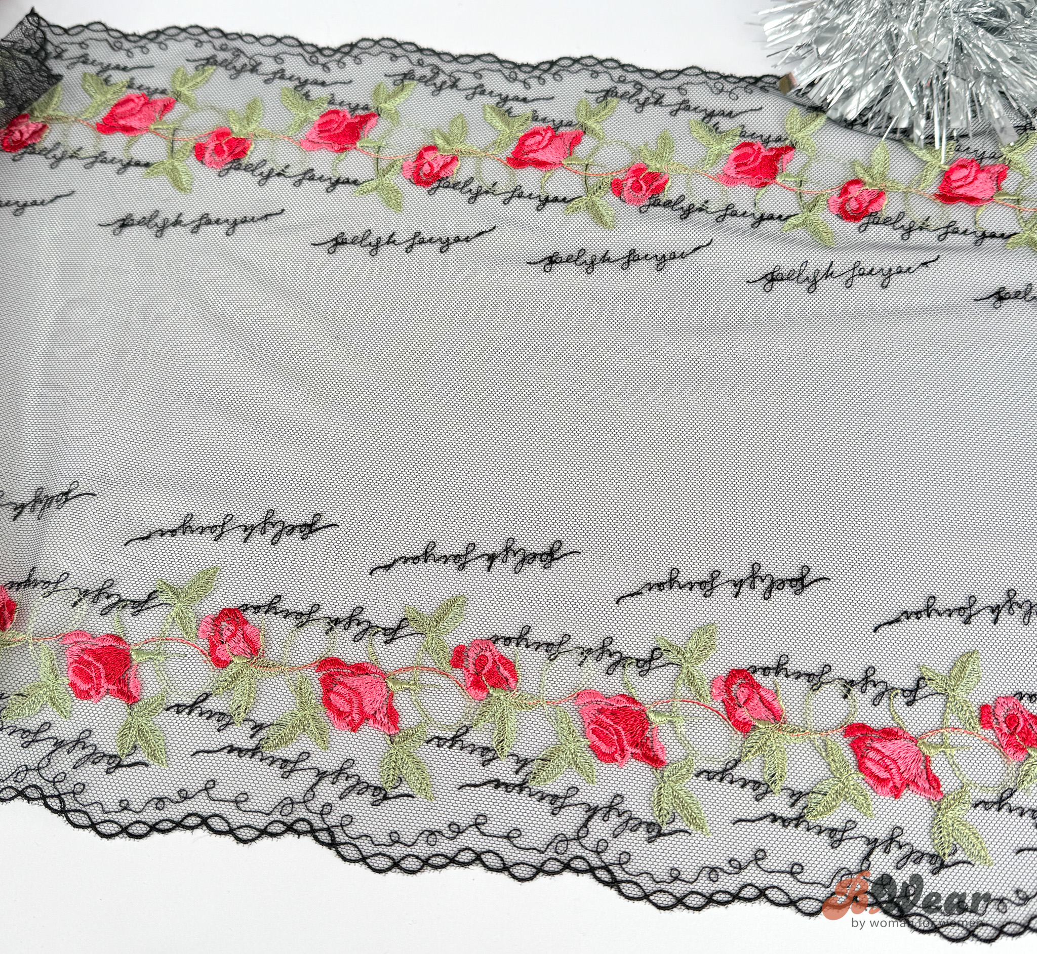 Beautiful black non stretch lace with embroidered roses - 31 cm