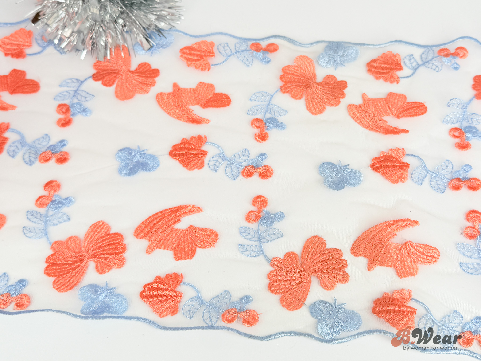 White non stretch lace with light blue and peach embroidery - 26 cm