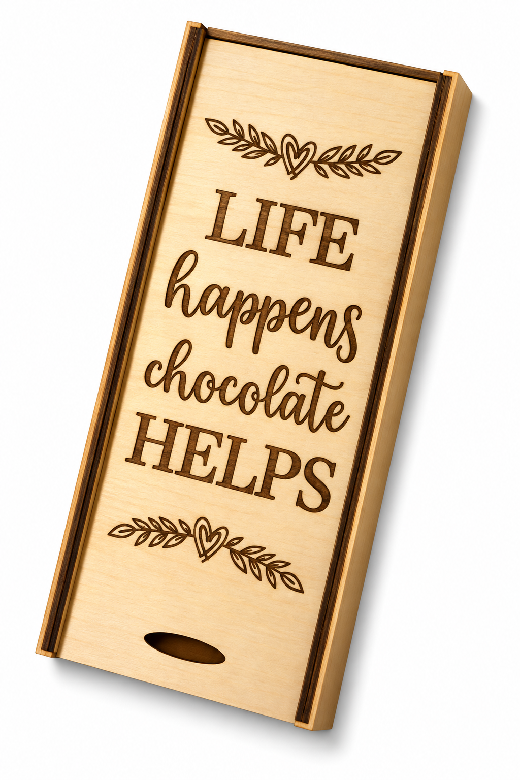 Chokladask i trä – Life happens, chocolate helps  | Chokladpresent