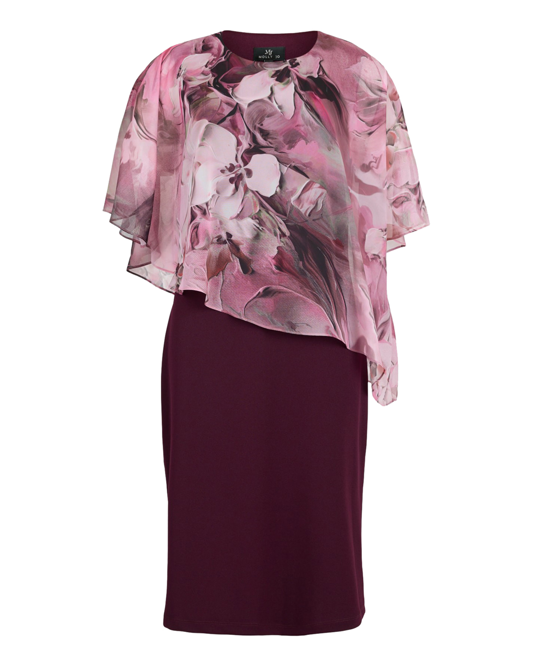 Klänning vinröd skir rosa blommig poncho