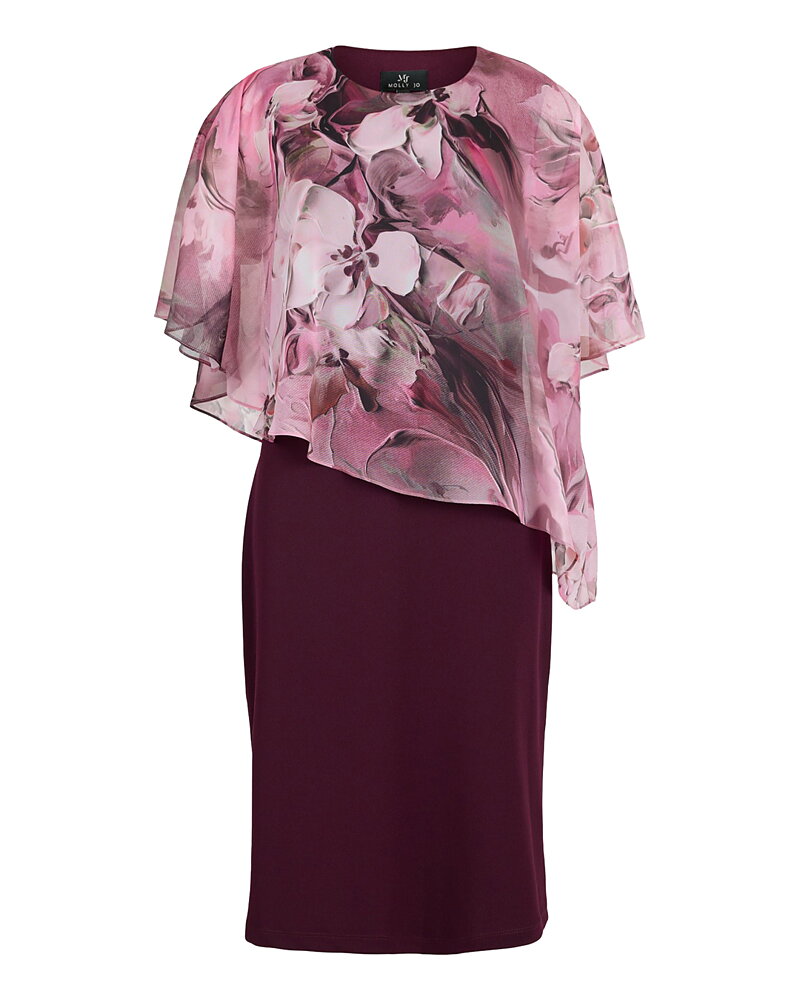 Klänning vinröd skir rosa blommig poncho