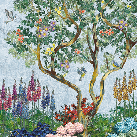 Tree In Garden Scene With Bluetits, Greeting Card
