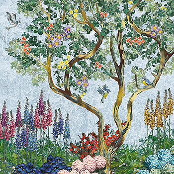 Tree In Garden Scene With Bluetits, Greeting Card
