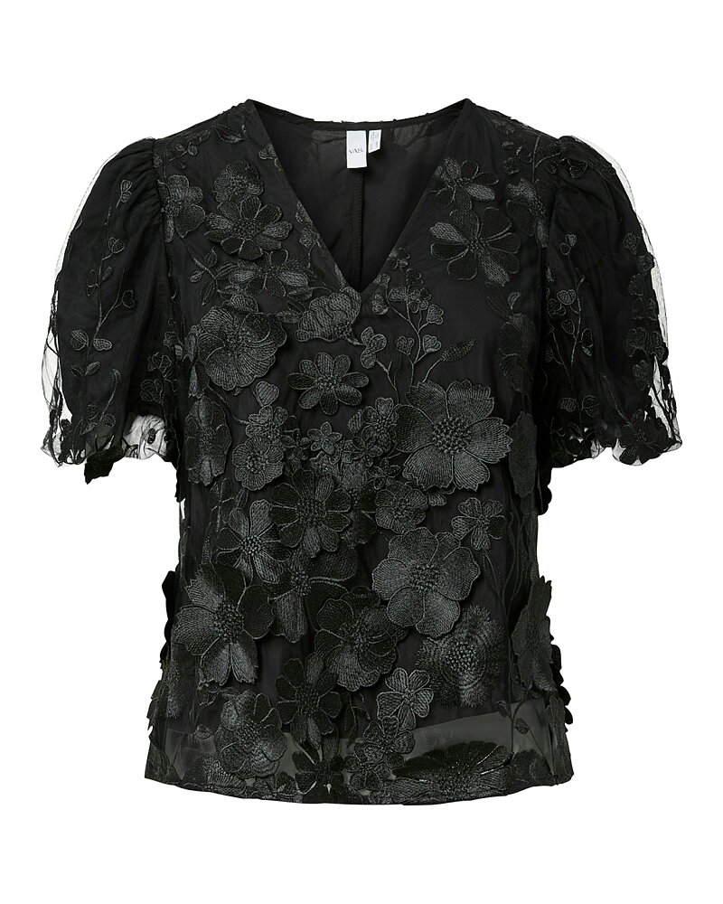 Blus blommig spets v-ringad svart
