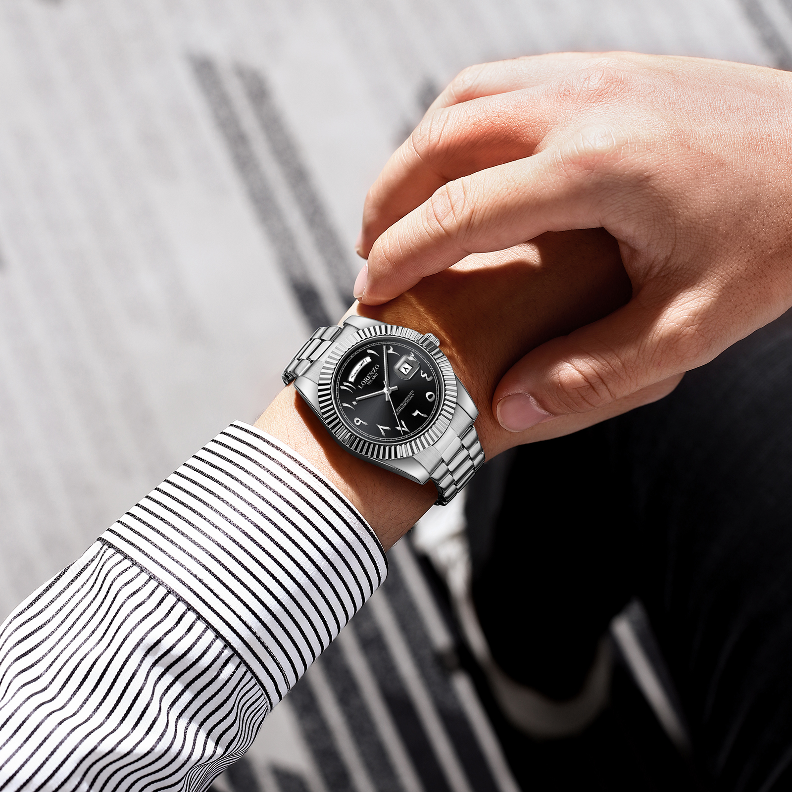 Lorenzo Day-Date Arabic Silver Black