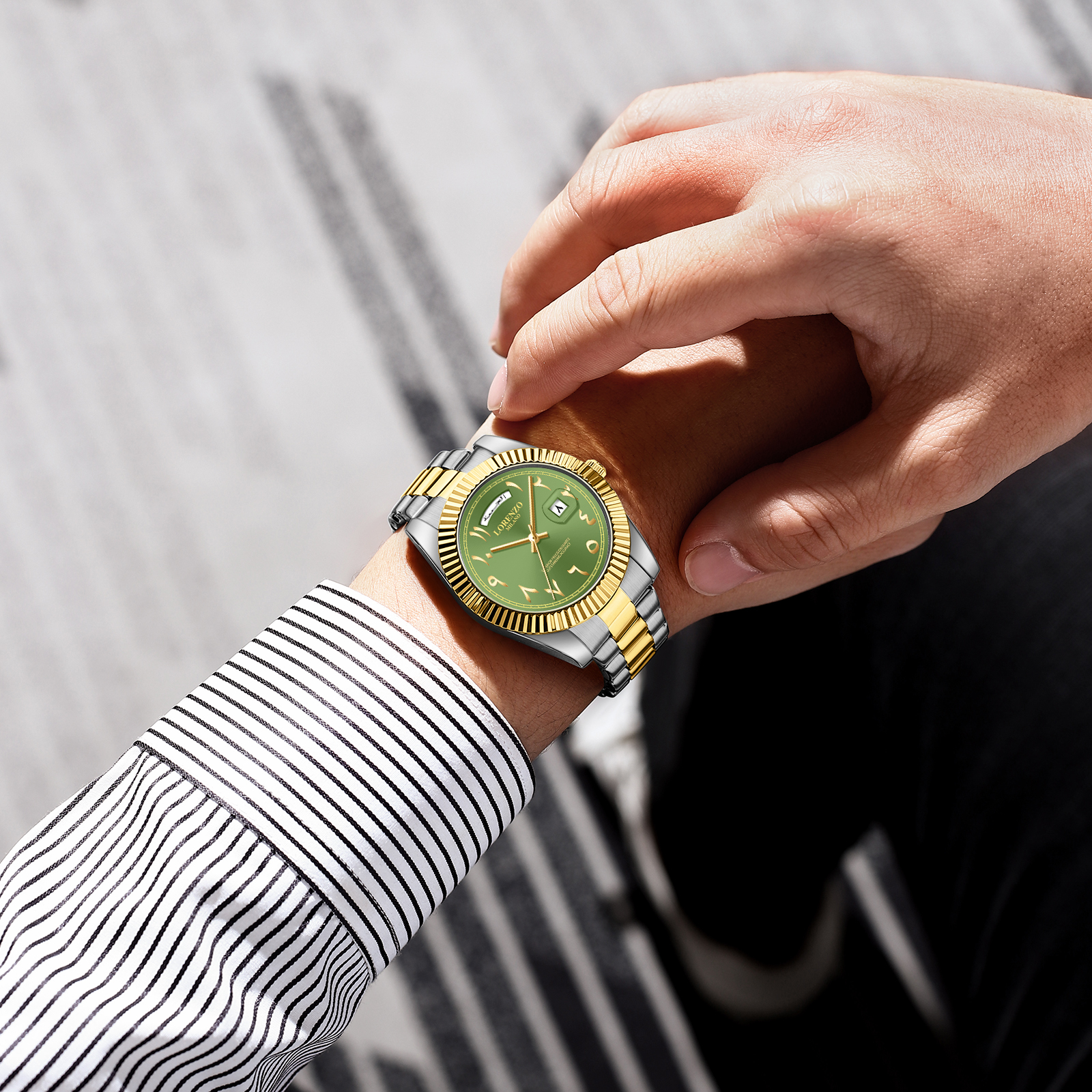 Lorenzo Day-Date Arabic Silver Gold Green - 5