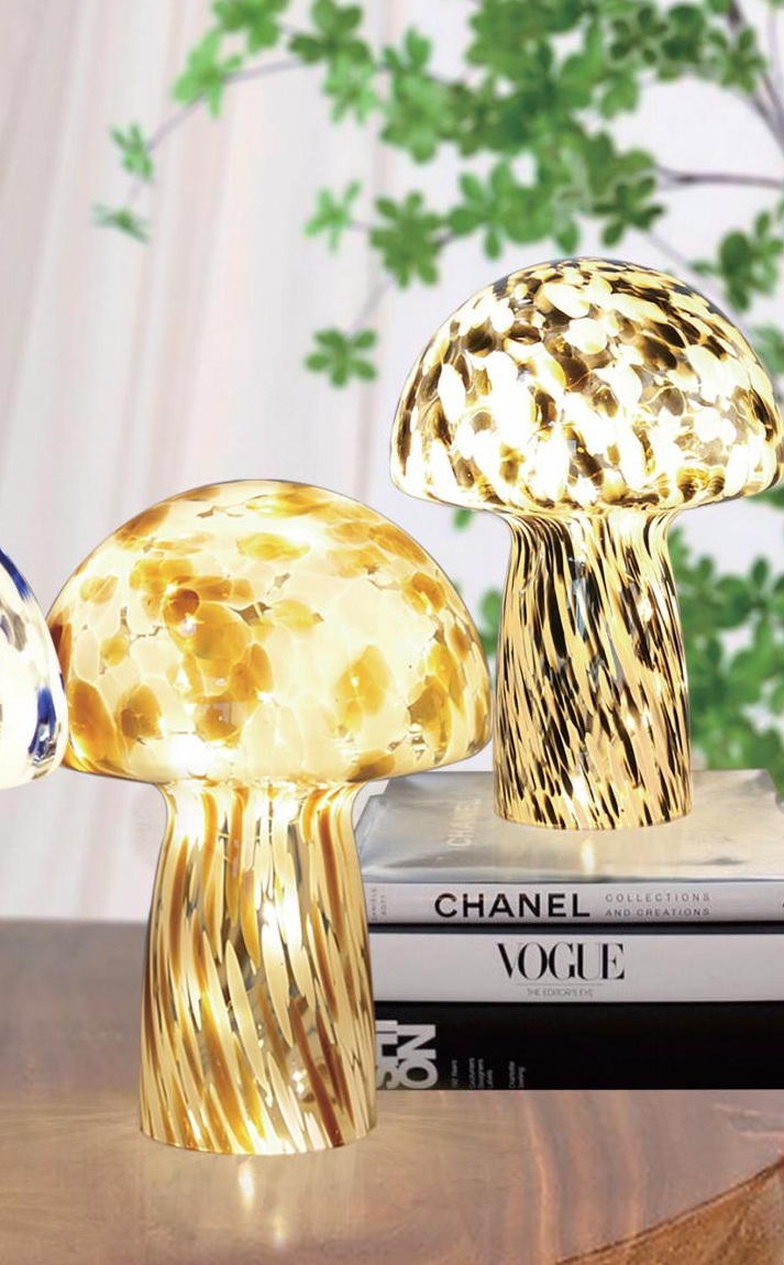 Table lamp - Mushroom - Glass - Marbled Brown/White - Timer/Dimmer - 23x18 cm