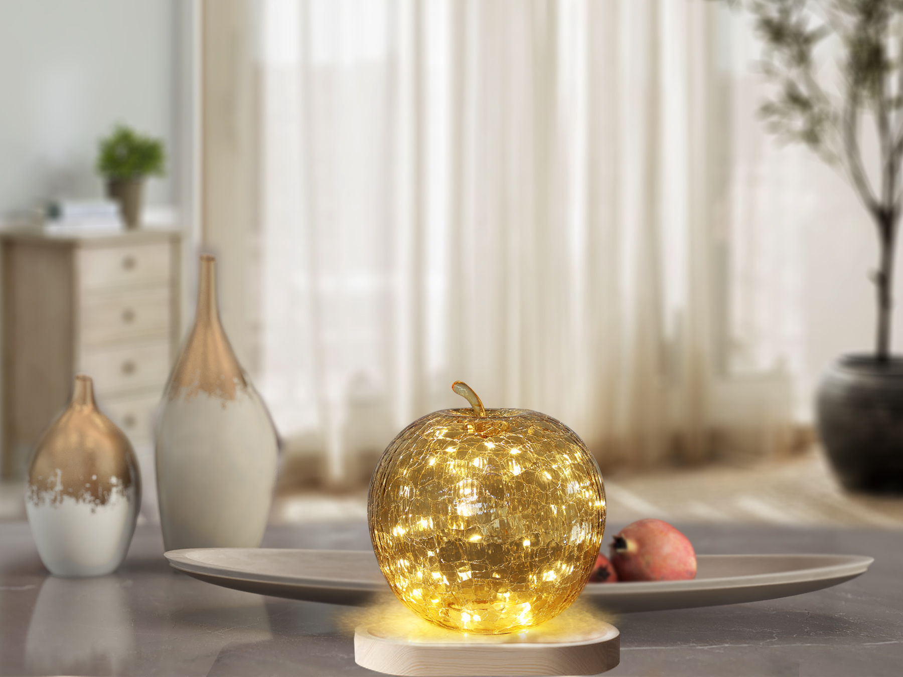 Bordslampa - Äpple - Glas - Beige - Timer/Dimmer - 22x20 cm