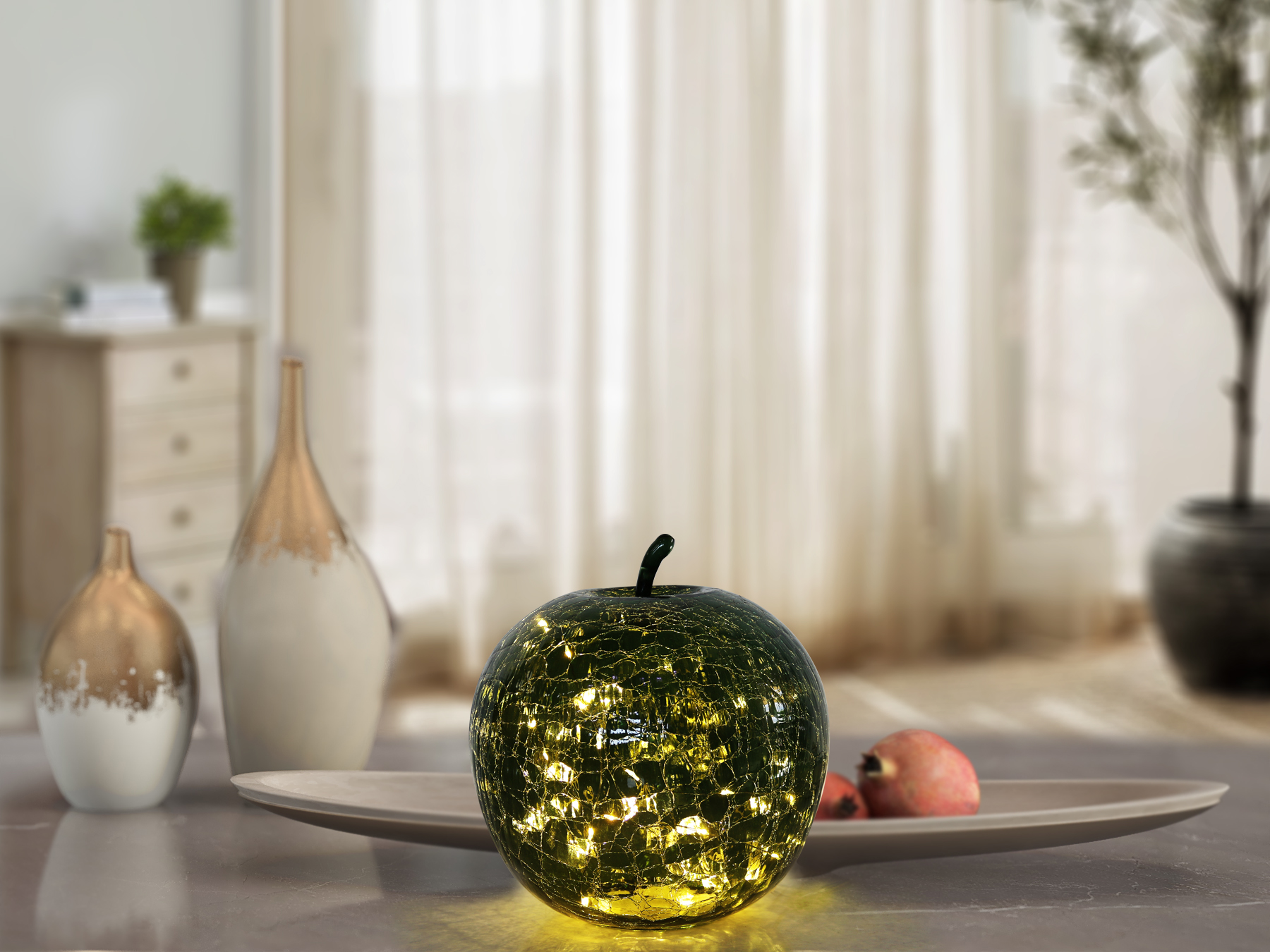Bordslampa - Äpple - Glas - Grön - Timer/Dimmer - 22x20 cm