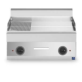 Stekhäll/grill, dubbel, bänkmodell, kromad slät/räfflad platta 