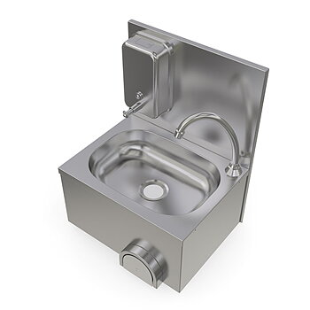 Wall-mounted hand wash basin with soap dispenser, knee operated