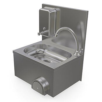 Wall-mounted hand wash basin with soap dispenser, knee operated