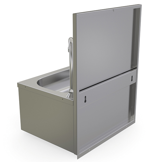 Wall-mounted hand wash basin with soap dispenser, knee operated - 3