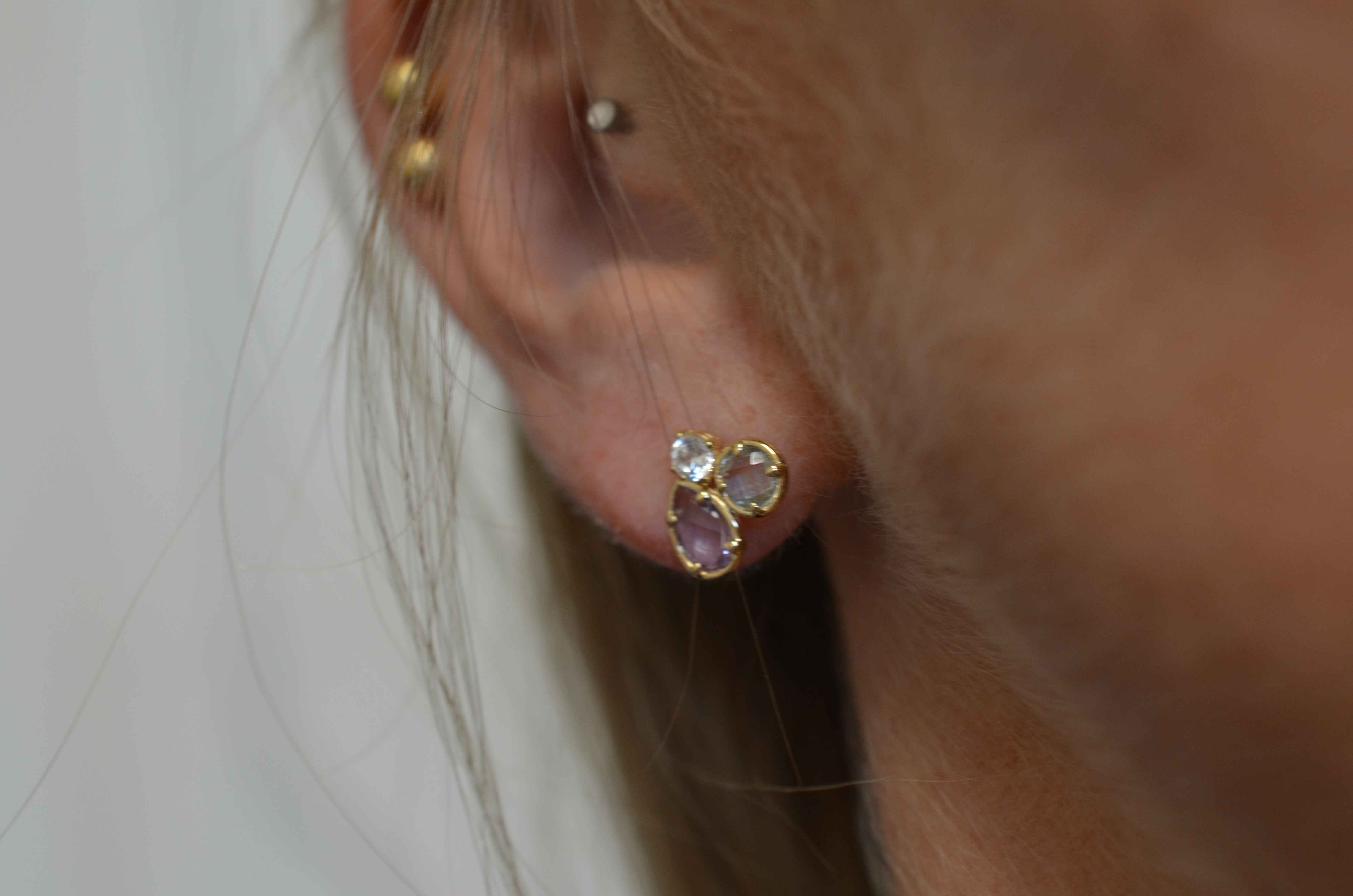 18k earrings with cz, amethyst and topaz