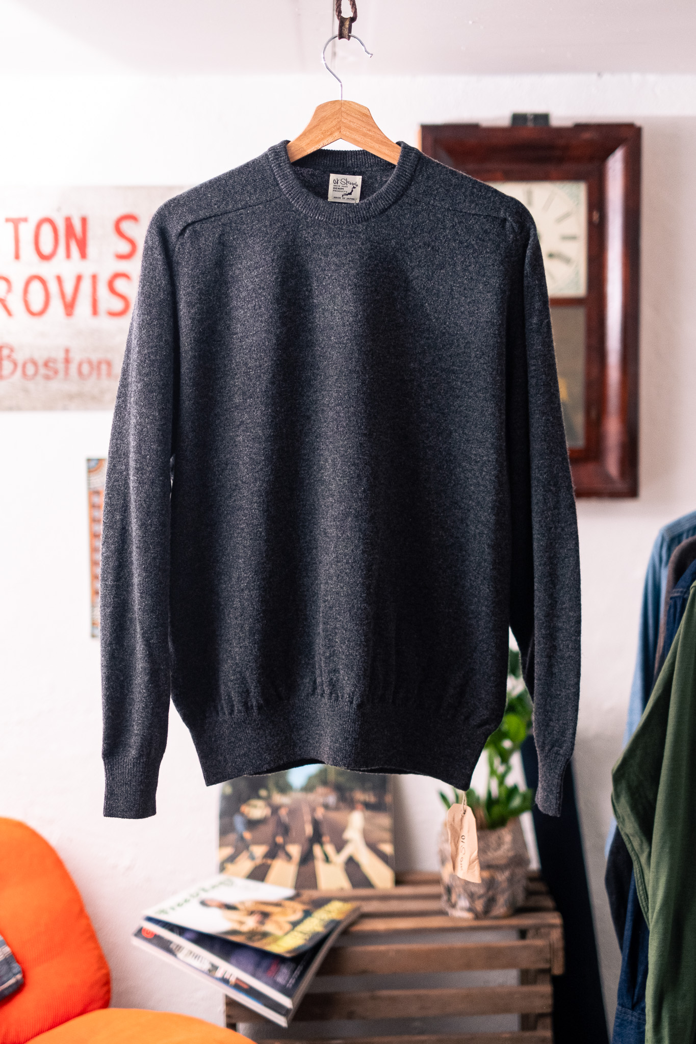 orSlow - Simple Crew Neck Wool Sweater Charcoal