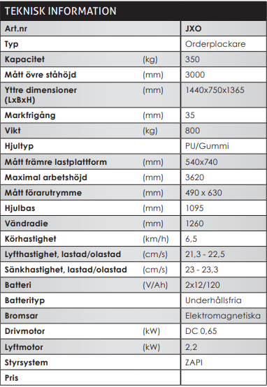 Orderplockare för hög höjd med litiumbatteri / Maxlast: 336 kg - 2