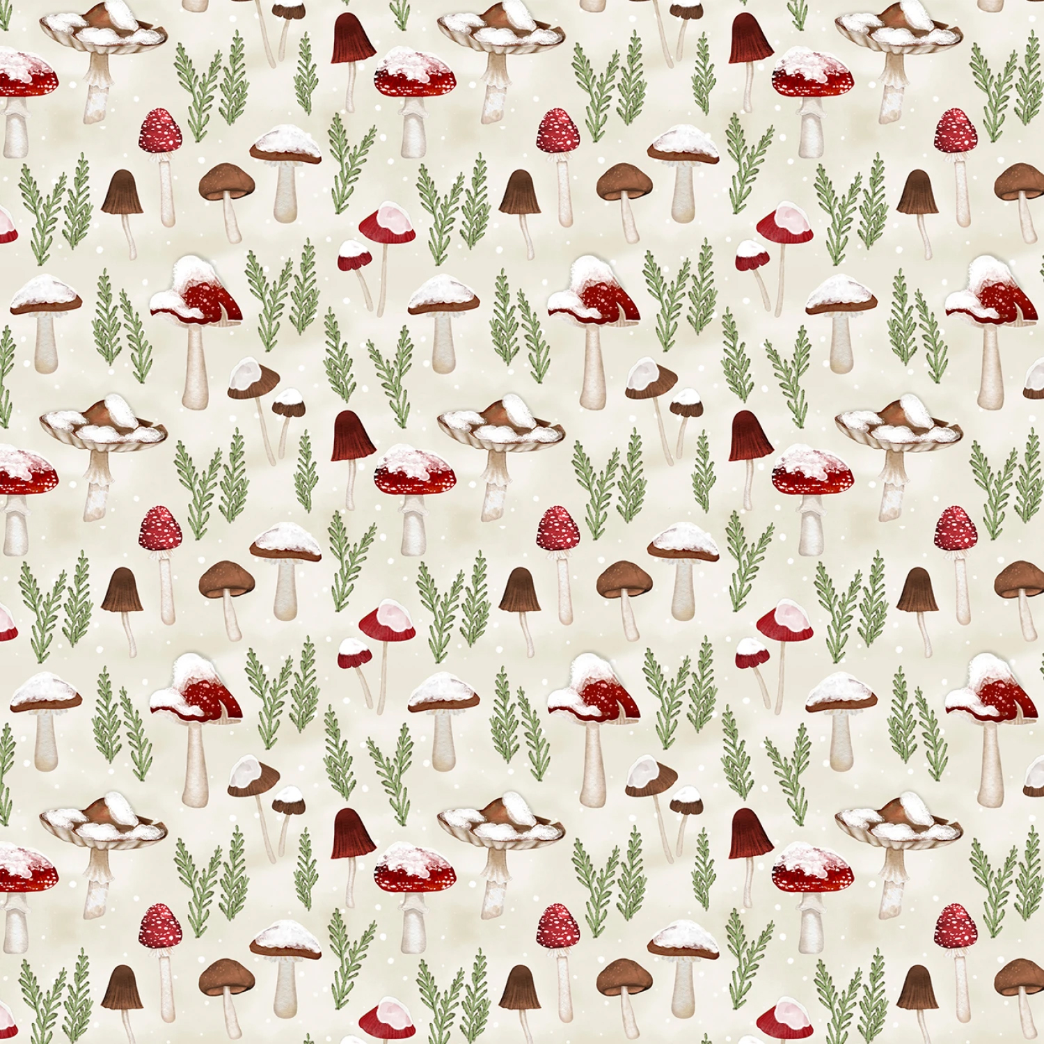 Tyg - Cream Mushrooms All Over - Woodland Snowmen