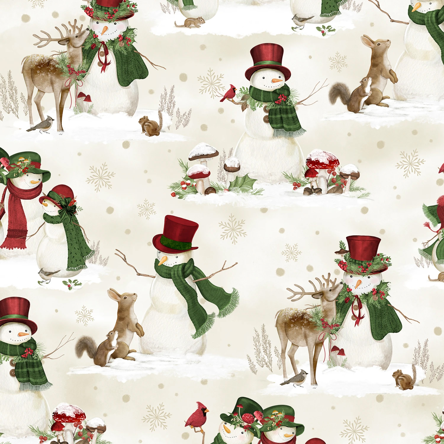 Tyg - Cream Scenic Snowmen - Woodland Snowmen
