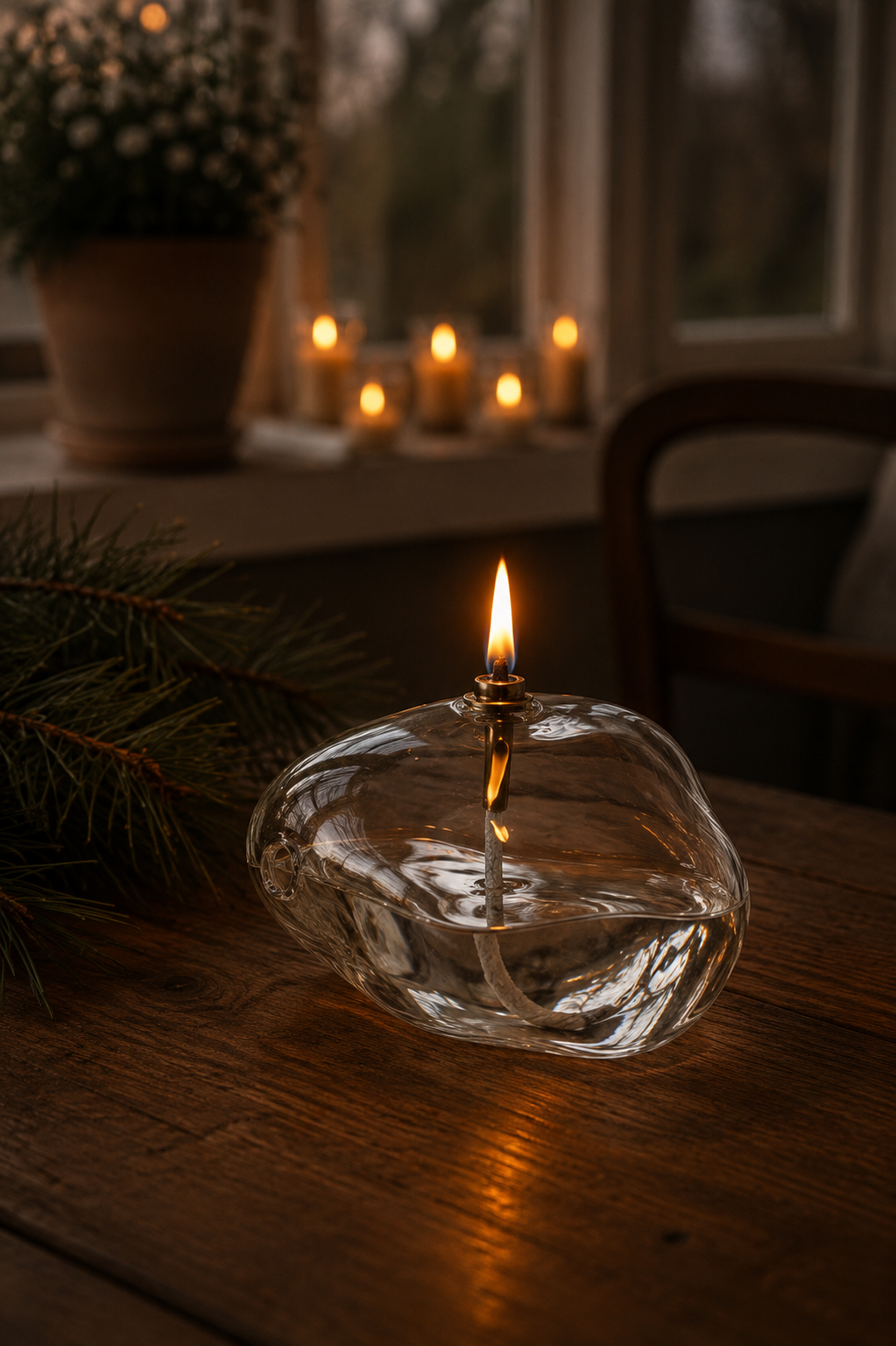 Oil lamp - Candlestick - Glass - Clear - Stone - 15x9 cm