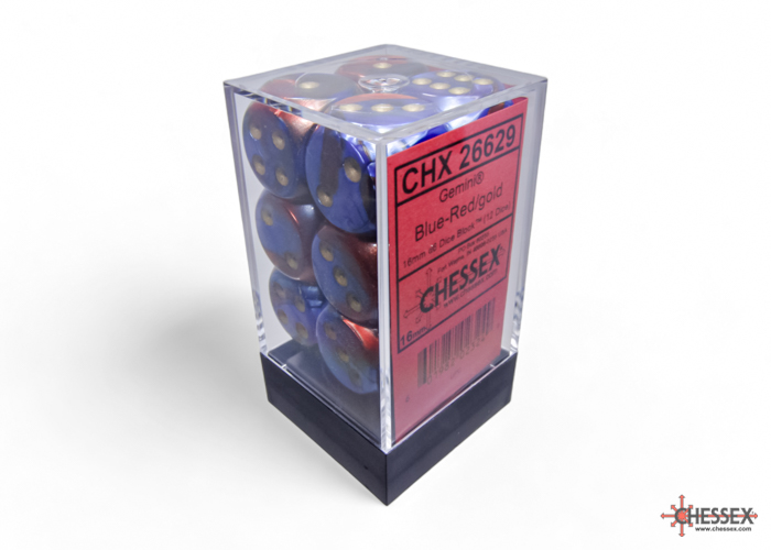 Chessex: Gemini Blue-Red/Gold 16mm d6 Dice Block (12 dice)