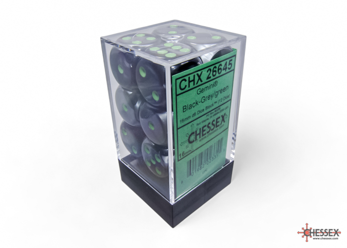 Chessex: Gemini Black-Grey/Green 16mm d6 Dice Block (12 dice)