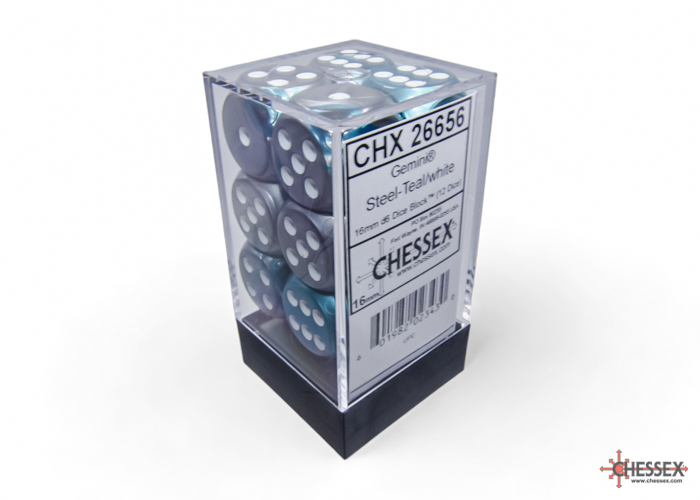 Chessex: Gemini Steel-Teal/White 16mm d6 Dice Block (12 dice)