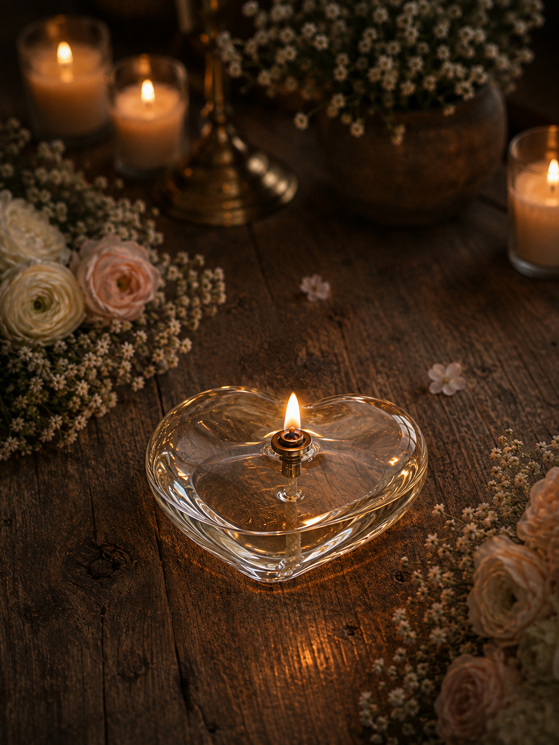 Oil lamp - Candlestick - Glass - Clear - Heart - 14x12.3 cm