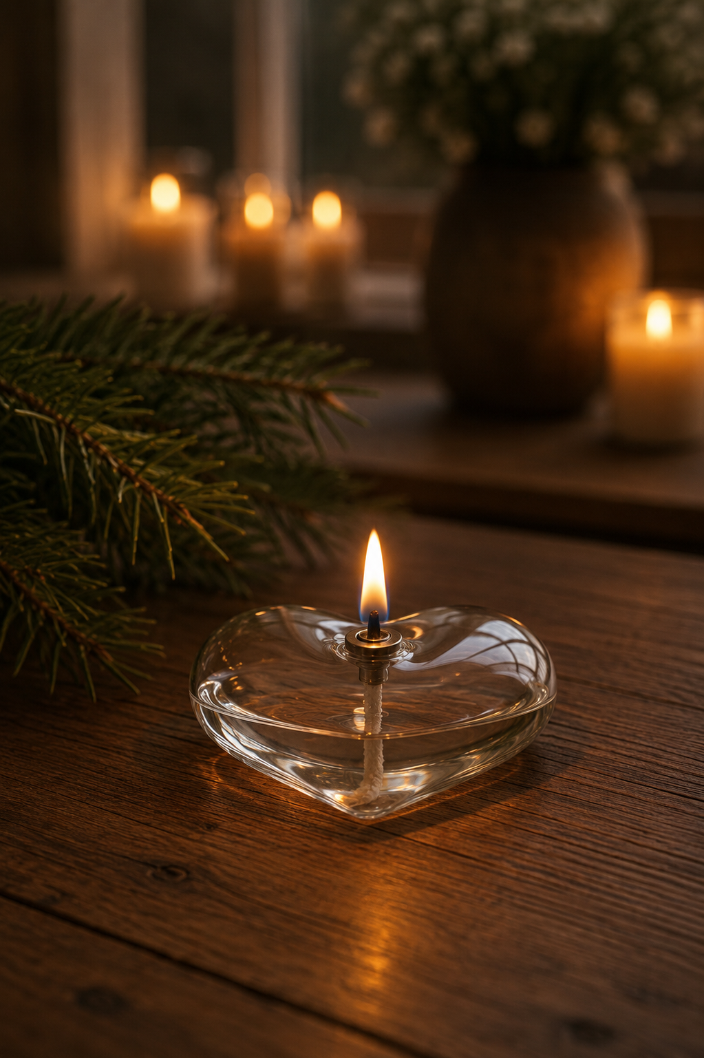 Oil lamp - Candlestick - Glass - Clear - Heart - 10x8.8 cm