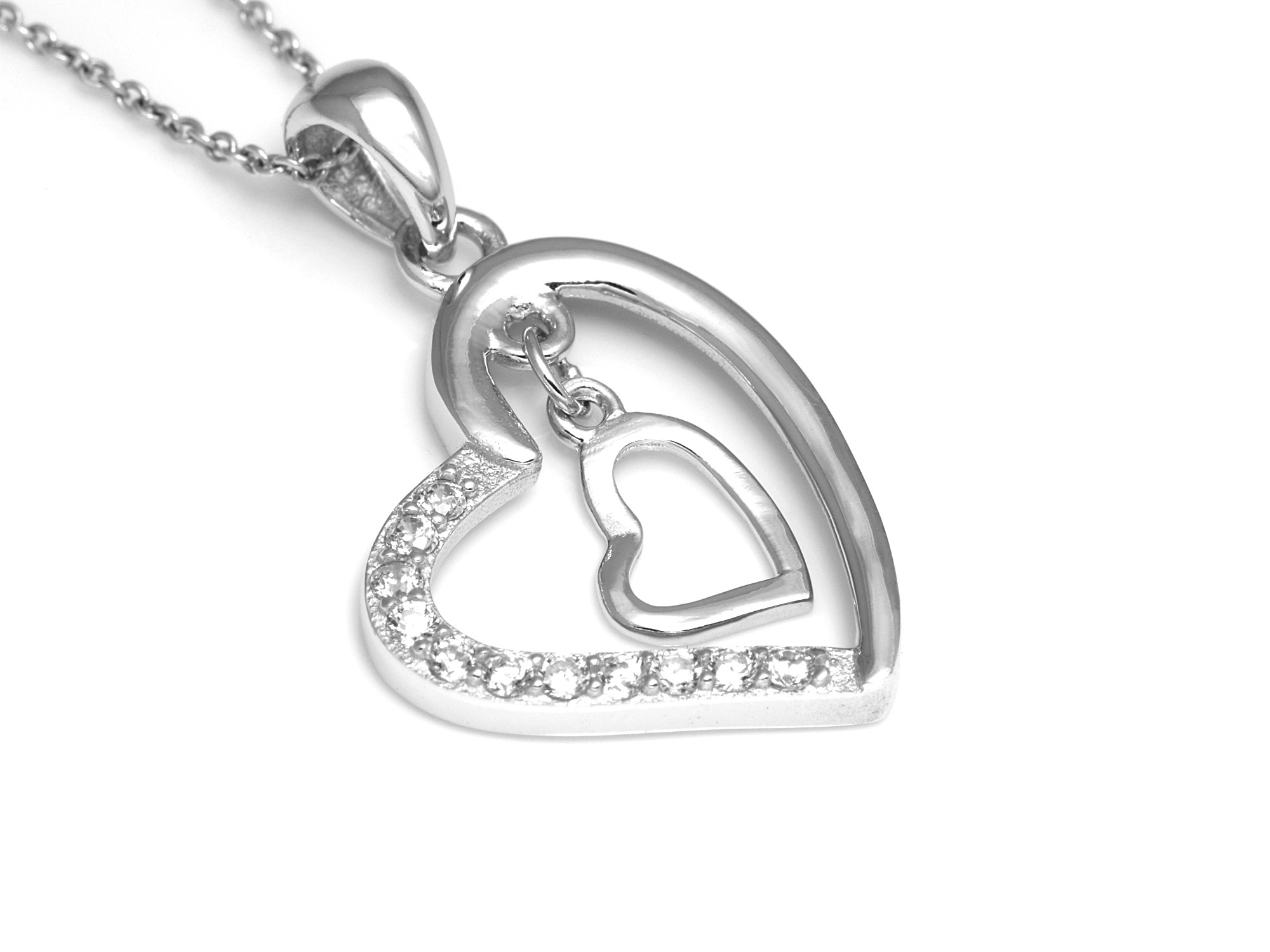 Dubbelt Hjärta Halsband i Äkta 925 Silver med Cubic Zirconia, Hjärtan Hänge, Kärleksgåva Accessoar, Kärlek Smycke