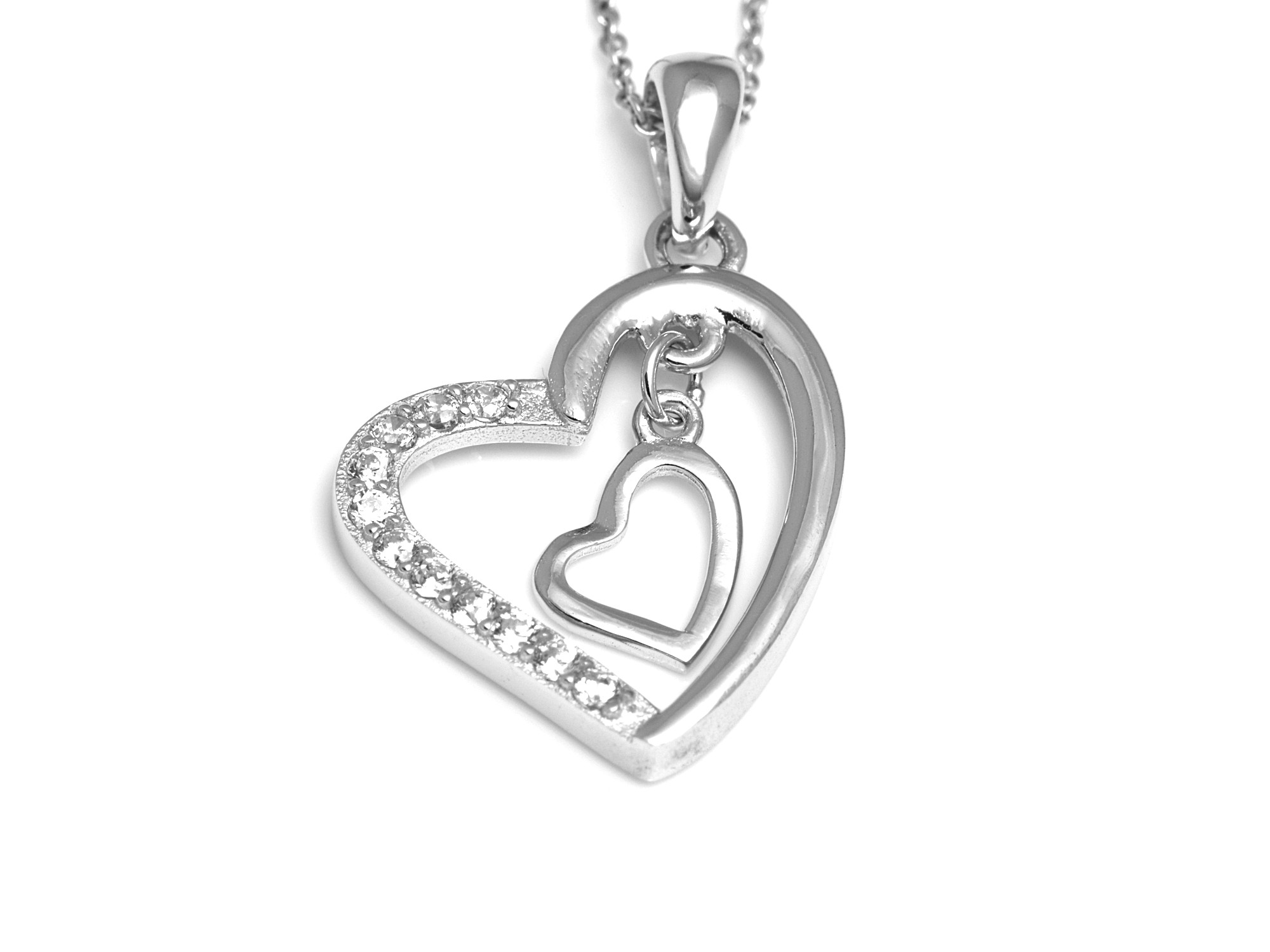Dubbelt Hjärta Halsband i Äkta 925 Silver med Cubic Zirconia, Hjärtan Hänge, Kärleksgåva Accessoar, Kärlek Smycke - 2