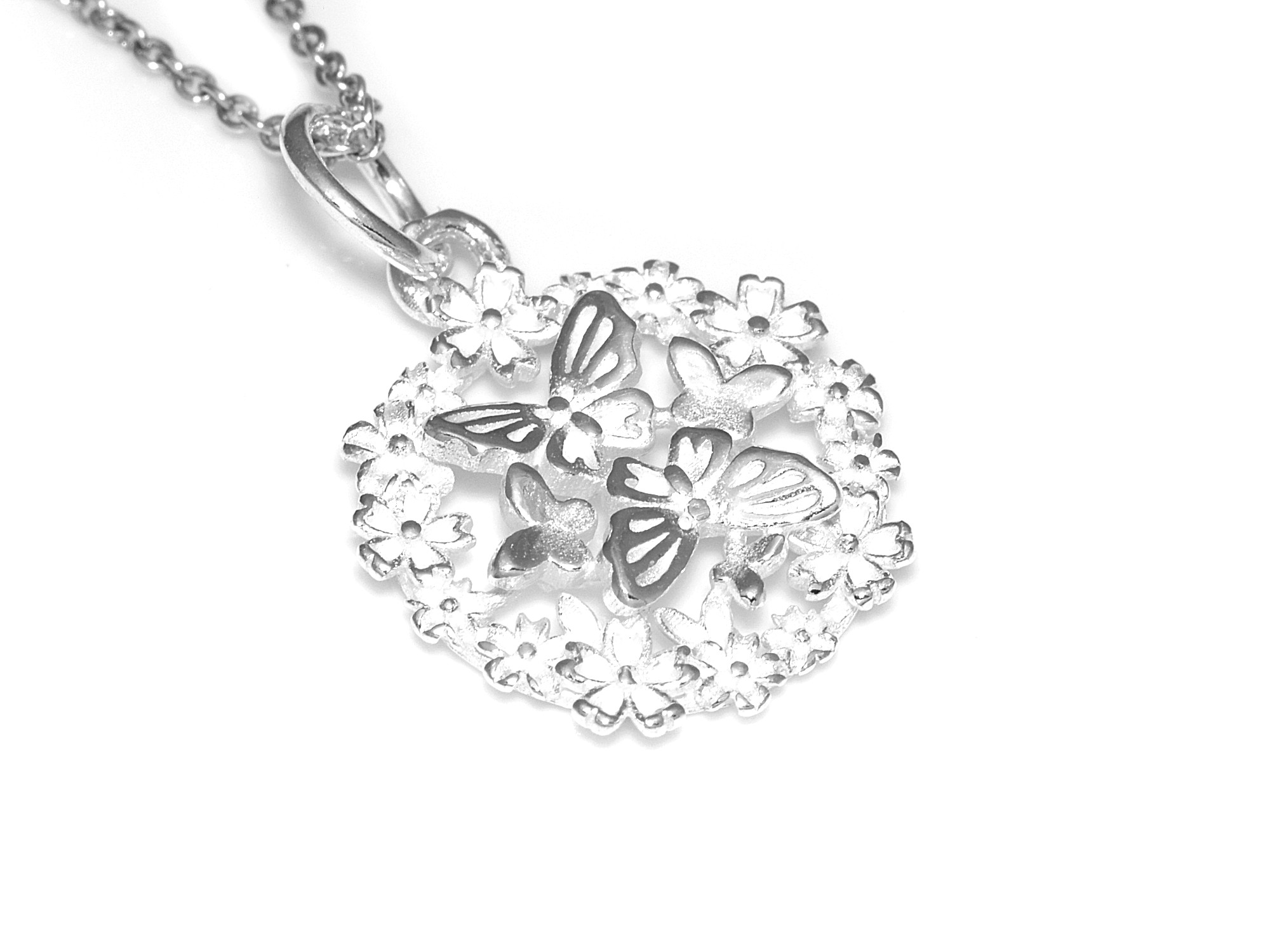Blommor och Fjärilar Halsband i Äkta 925 Silver, Fjäril Hänge, Blomster Smycke