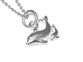 Delfin och Kalv Halsband i Äkta 925 Silver, Havsdjur Hänge, Hav Accessoar, Djur Smycke