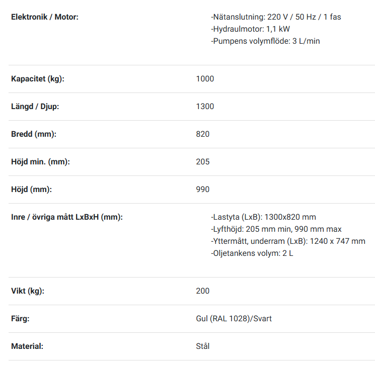 Eldrivet lyftbord  / Maxlast: 1000 kg - 2