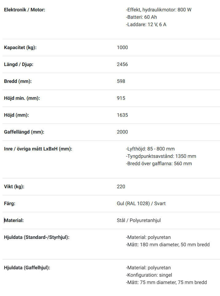Batteridriven höglyftande Pallyftare / Maxlast: 1000 kg - 2