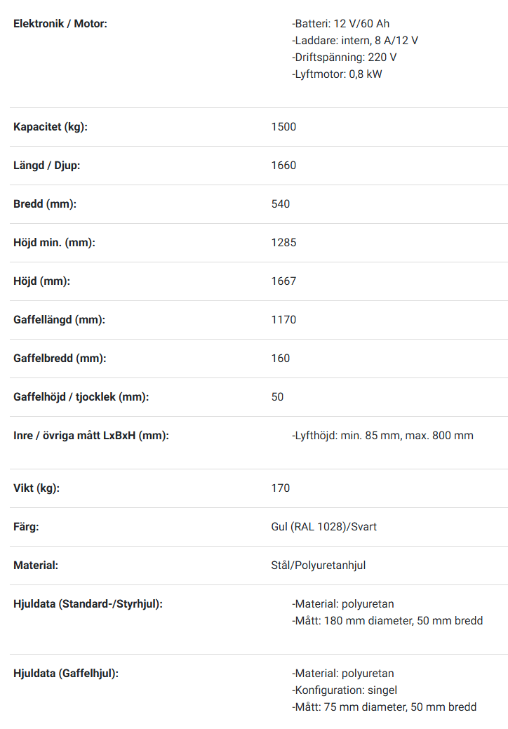 Batteridriven höglyftande Pallyftare / Maxlast: 1500 kg - 2