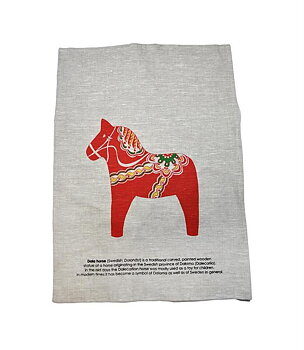 Kökshandduk - Dalahäst, linen/rött tryck