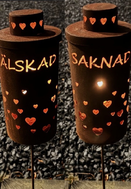 Grave lantern with double-sided motif and text on pole - Hearts - 51x20 cm