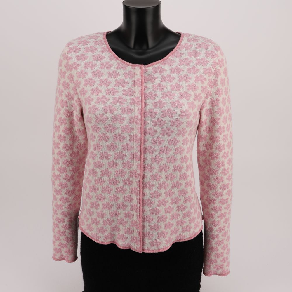 Merino wool cardigan with floral pattern, short model with press studs, color natural white pink