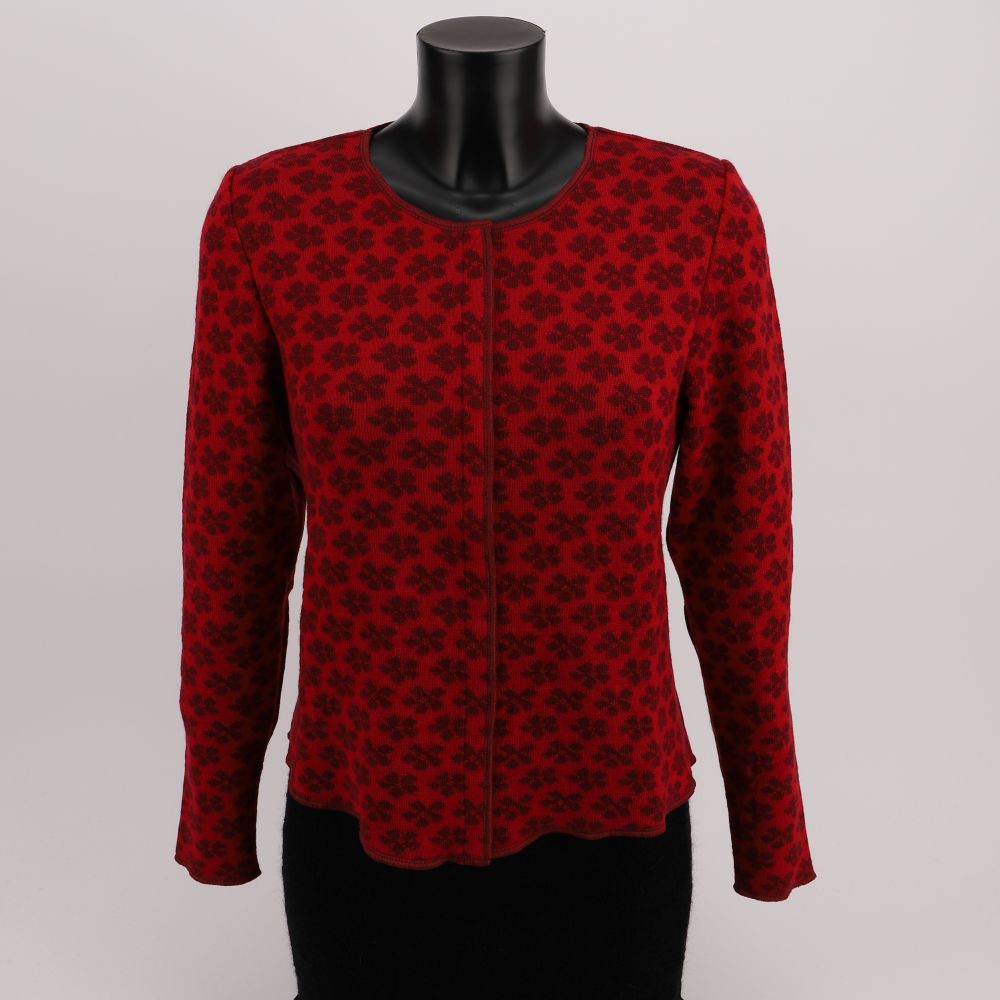 Merino wool cardigan with floral pattern, short model with press studs, color red wine